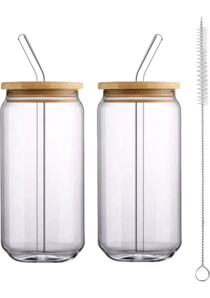 6 Adet Pipetli, Bambu Kapaklı Cam Bardak - Soğuk , Sıcak Kahve Bardağı + Temizleme Firçası