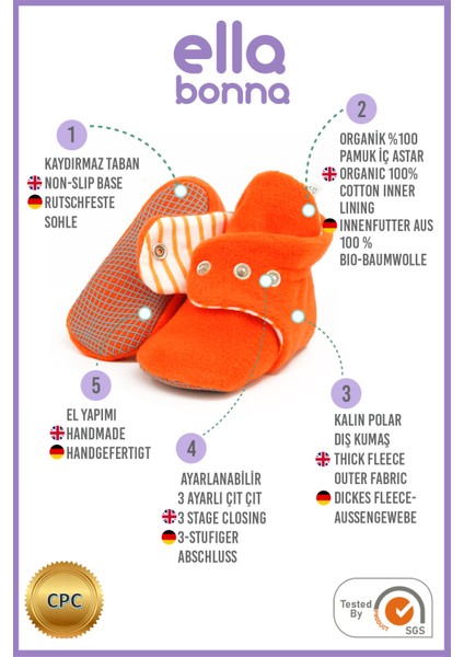 Polar Bebek Pandufu, Kaydırmaz Taban, Organik Pamuk Astarlı, İlk Adım Ev Patiği, Turuncu modelleri