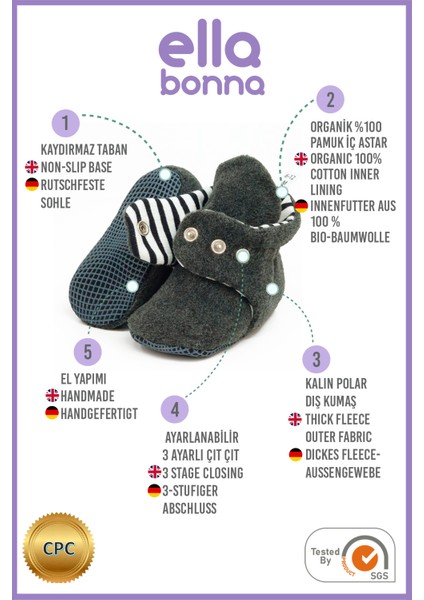 Polar Bebek Pandufu, Kaydırmaz Taban, Organik Pamuk Astarlı, İlk Adım Ev Patiği, Antrasit modelleri