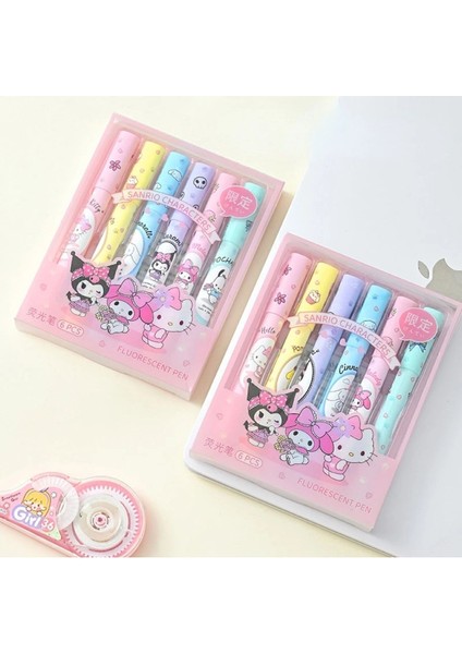 Turuncu Sanrio Hello Kitty Kuromi 6'lı Fosforlu Kalem Seti