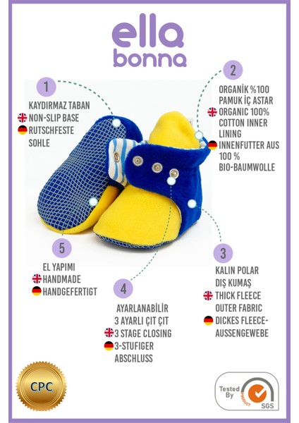 Polar Bebek Pandufu, Kaydırmaz Taban, Organik Pamuk Astarlı, İlk Adım Ev Patiği, Sarı Lacivert Taraftar modelleri