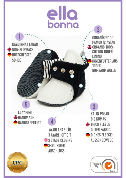 Polar Bebek Pandufu, Kaydırmaz Taban, Organik Pamuk Astarlı, İlk Adım Ev Patiği, Siyah Beyaz Taraftar modelleri