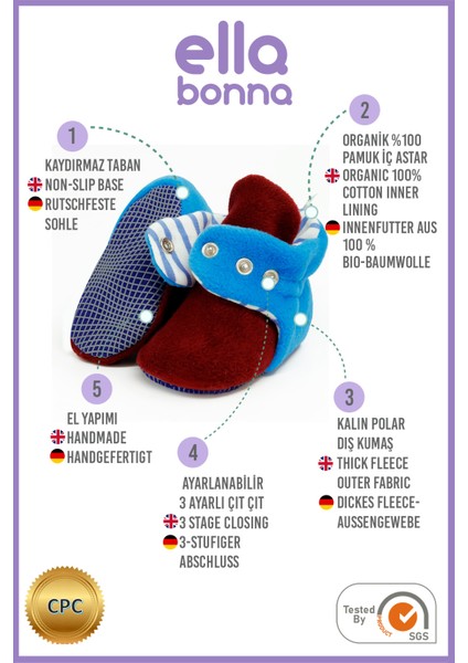 Polar Bebek Pandufu, Kaydırmaz Taban, Organik Pamuk Astarlı, İlk Adım Ev Patiği, Bordo Mavi Taraftar modelleri
