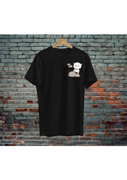 Örme Kawaii Cat's Çift Sevgili Kombini T-Shirt - Siyah Baskılı Oversize Bisiklet Yaka Kısa Kol Kısa modelleri