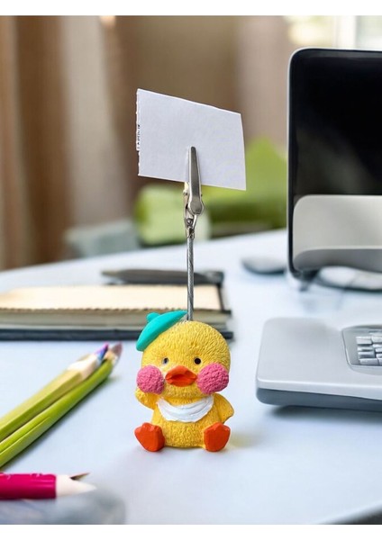 Sarı Turkuaz Ressam Şapkalı Sevimli Kawaii Sarı Civciv Fotoğraf Not Tutucu