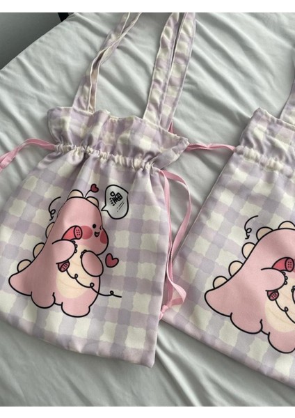 Planet Butik Çok Renkli Kawaii Pink Dino Büzgülü Bez Çanta Casual/günlük Tüm Yaş Grupları Mix Hayır