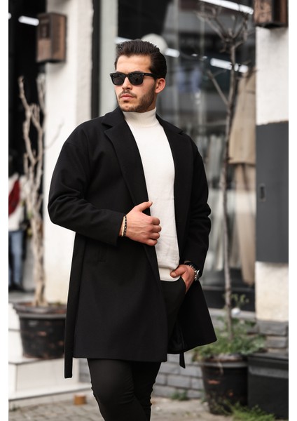 Erkek Siyah Kemerli Oversize Rahat Kesim Kaşe Kaban fiyatları