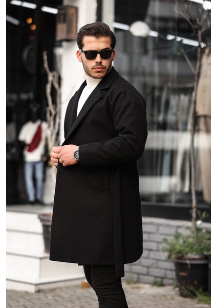 Erkek Siyah Kemerli Oversize Rahat Kesim Kaşe Kaban modelleri