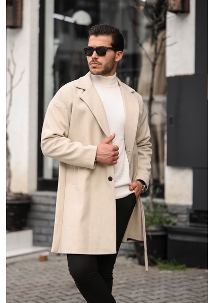 Erkek Bej Kemerli Oversize Rahat Kesim Kaşe Kaban