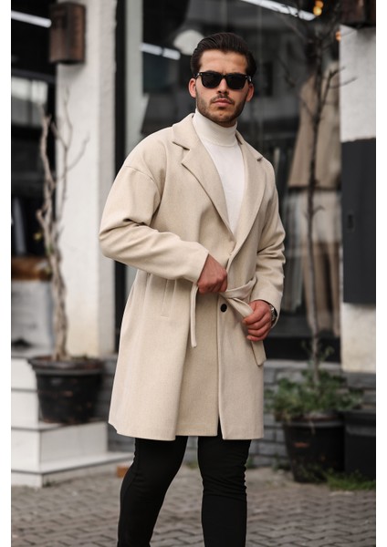 Erkek Bej Kemerli Oversize Rahat Kesim Kaşe Kaban fiyatları