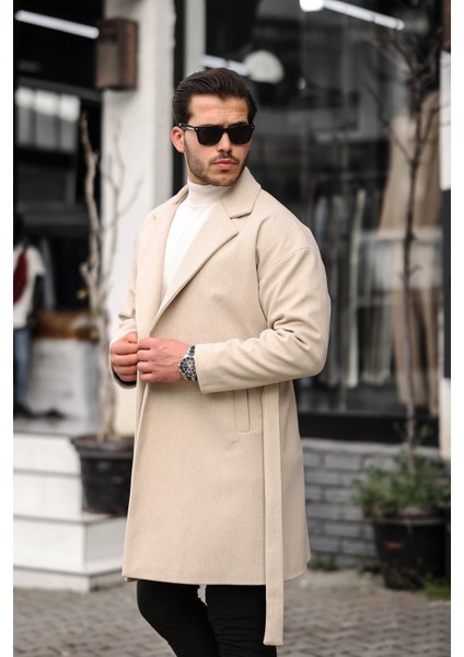 Erkek Bej Kemerli Oversize Rahat Kesim Kaşe Kaban modelleri