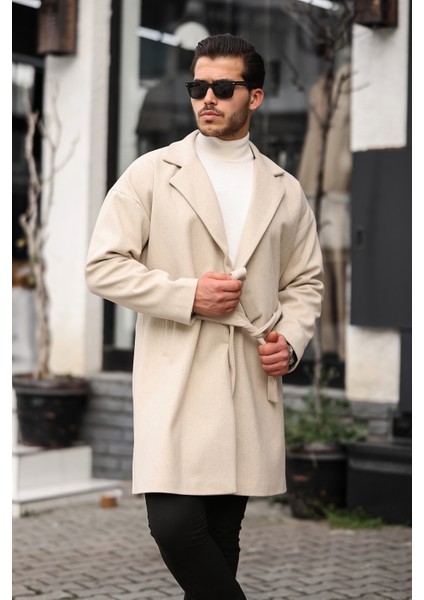 Erkek Bej Kemerli Oversize Rahat Kesim Kaşe Kaban fırsatları