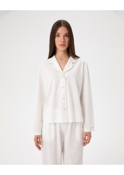 Ekru Kadın Uzun Kollu Düğmeli Klasik Pijama Gömlek