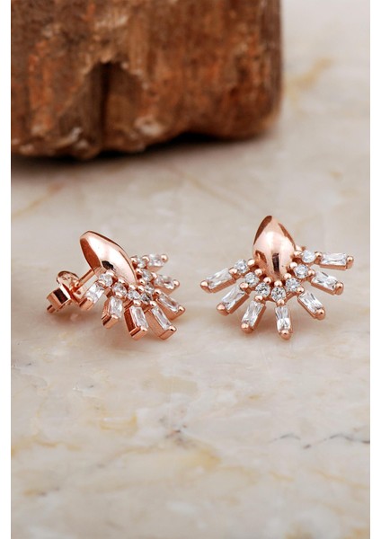 Baget Taşlı Rose Gümüş Yelpaze Küpe 6940