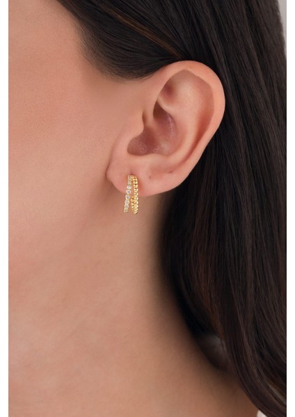 15 mm Gümüş Altın Kaplama Beyaz Zirkon Taşlı Iki Sıralı Halka Küpe