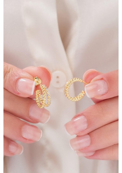 15 mm Gümüş Altın Kaplama Beyaz Zirkon Taşlı Iki Sıralı Halka Küpe fiyatları