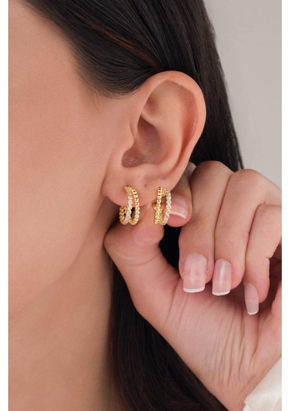 15 mm Gümüş Altın Kaplama Beyaz Zirkon Taşlı Iki Sıralı Halka Küpe modelleri