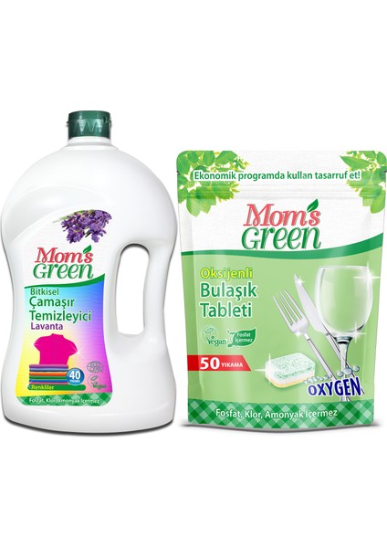 2'li Set- 50 Yıkama Oksijenli Bulaşık Makinesi Tableti - 1500 ml Lavantalı Bitkisel Çamaşır Deterjanı Renkliler 40 Yıkama