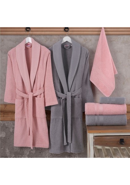 Casual Saf Pamuk Aile Bornoz Seti-Pembe Gri
