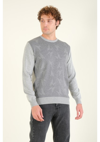 Erkek Kendinden Desenli Sıfır Yaka Kazak Gri