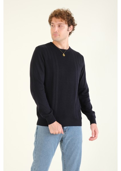 Erkek Desenli Sıfır Yaka Kazak Lacivert