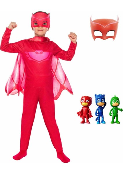 Kırmızı Pj Mask Pija Maskeliler 3'lü Mini Figür Oyuncak ve Owlette Baykuş Kız 2 Maskeli Kostüm Seti