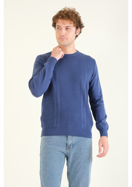 Erkek Desenli Sıfır Yaka Kazak Indigo