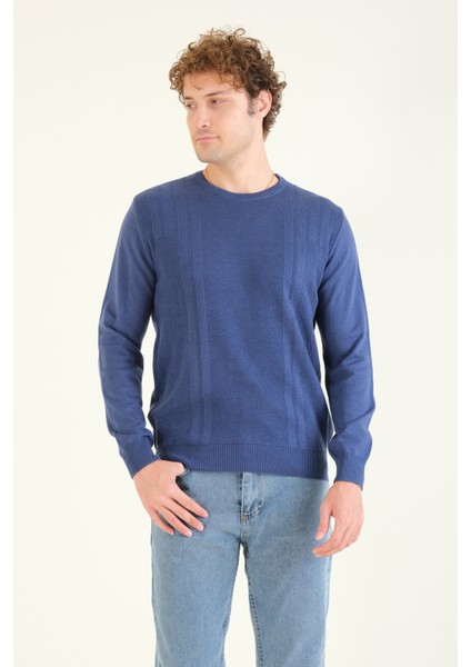 Erkek Desenli Sıfır Yaka Kazak Indigo modelleri