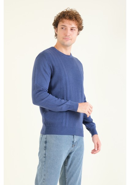 Erkek Desenli Sıfır Yaka Kazak Indigo fırsatları