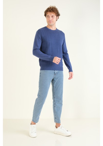 Erkek Desenli Sıfır Yaka Kazak Indigo indirimleri