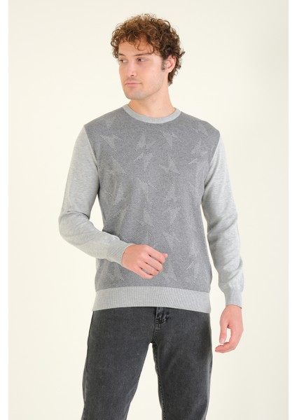 Erkek Kendinden Desenli Sıfır Yaka Kazak Gri modelleri