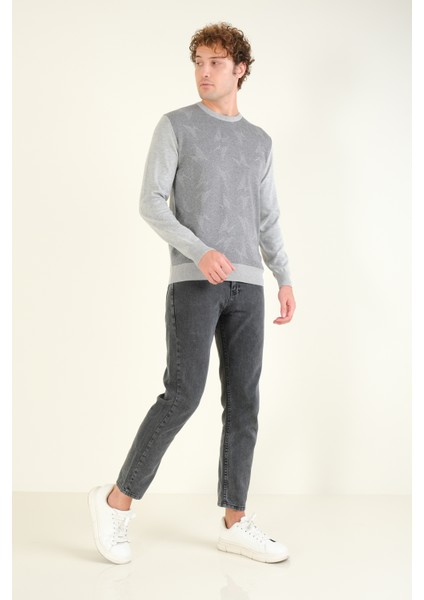 Erkek Kendinden Desenli Sıfır Yaka Kazak Gri indirimleri