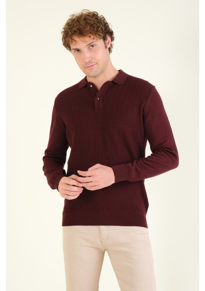 Erkek Desenli Polo Yaka Kazak Bordo
