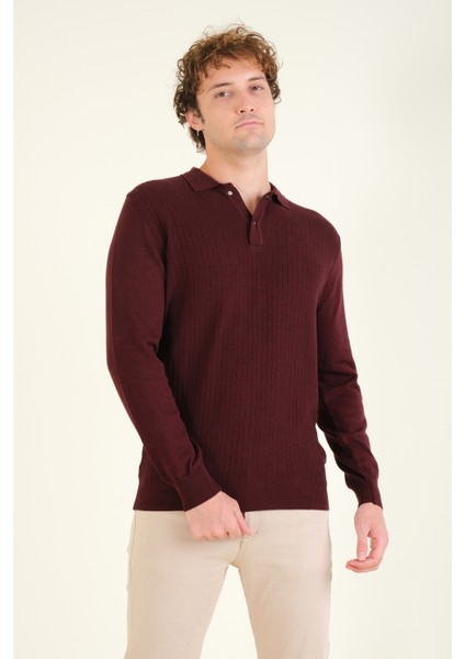 Erkek Desenli Polo Yaka Kazak Bordo