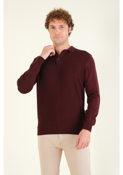 Erkek Desenli Polo Yaka Kazak Bordo