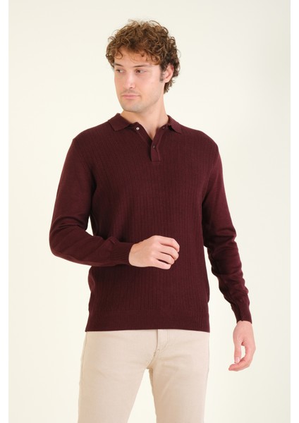 Erkek Desenli Polo Yaka Kazak Bordo