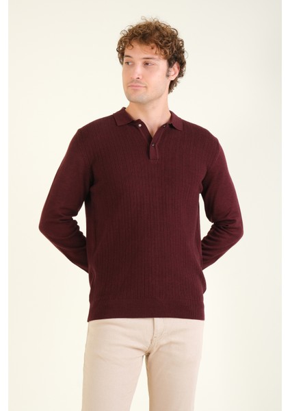 Erkek Desenli Polo Yaka Kazak Bordo
