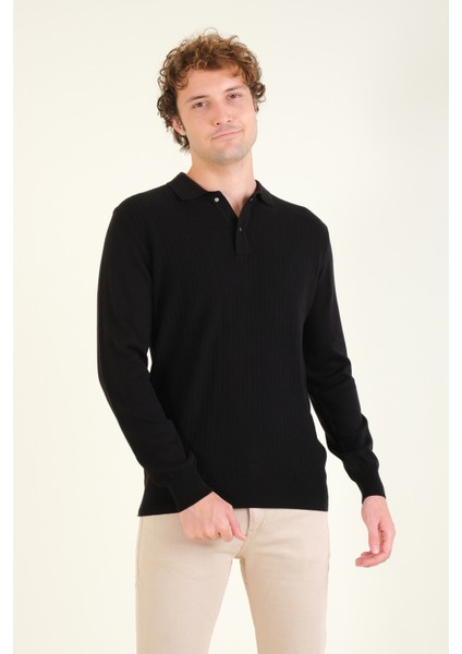 Erkek Desenli Polo Yaka Kazak Siyah