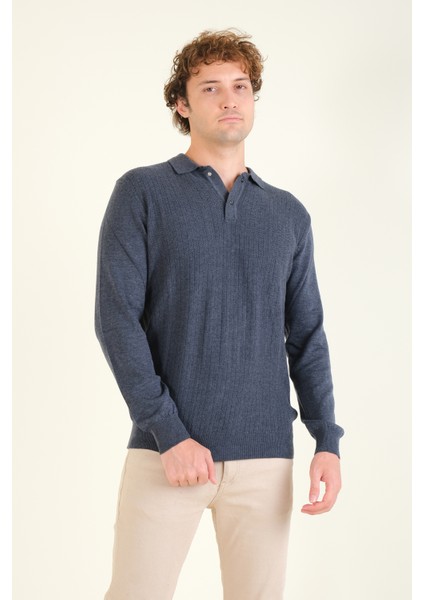 Erkek Desenli Polo Yaka Kazak Indigo
