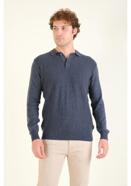 Erkek Desenli Polo Yaka Kazak Indigo