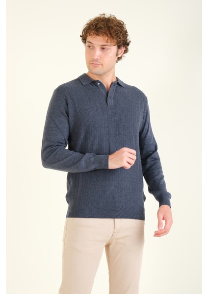 Erkek Desenli Polo Yaka Kazak Indigo