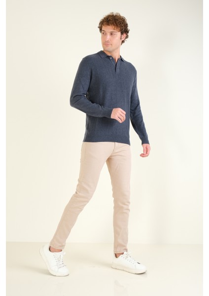 Erkek Desenli Polo Yaka Kazak Indigo