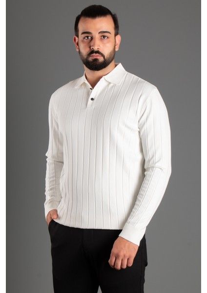 Erkek Dokulu Çizgili Polo Triko Kazak