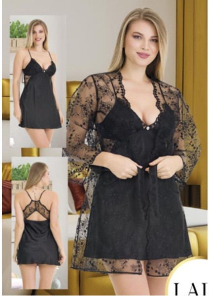 Siyah Brodeli Sırt Detaylı S-M-L-XL Beden Mini Boy Saten 2 Parça Sabahlık