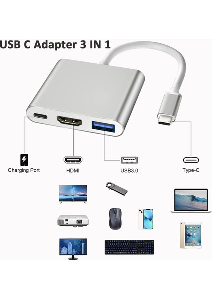 Blue Wings 3'in 1 Type-C To HDMI 4K USB 3.0 Dönüştürücü Adaptör Macbook, Pro 2015 2016 2017 Hub Port Adaptör Pd USB 3.0 4K HDMI Çıkışlı