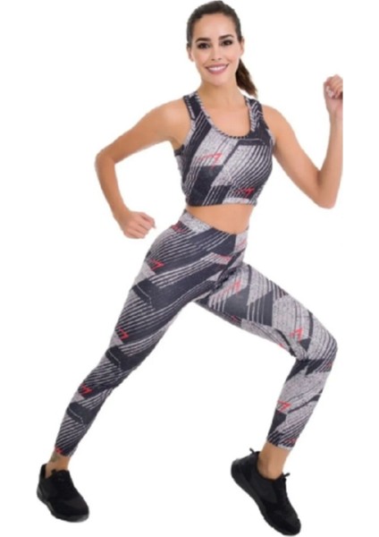 Siyah Gri Desenli M-L-XL Beden Alt Üst Tayt Takım