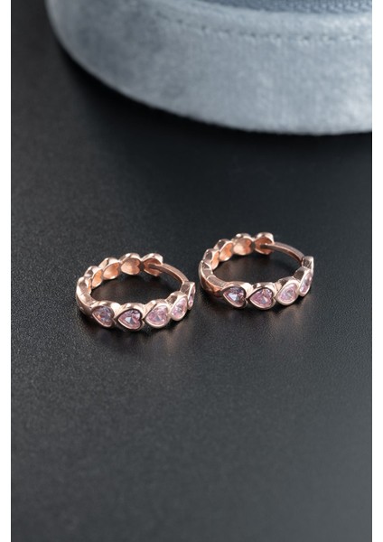 925 Ayar Gümüş Rose Kaplama Pembe Taşlı 15 mm Tamtur Kalp Model Küpe