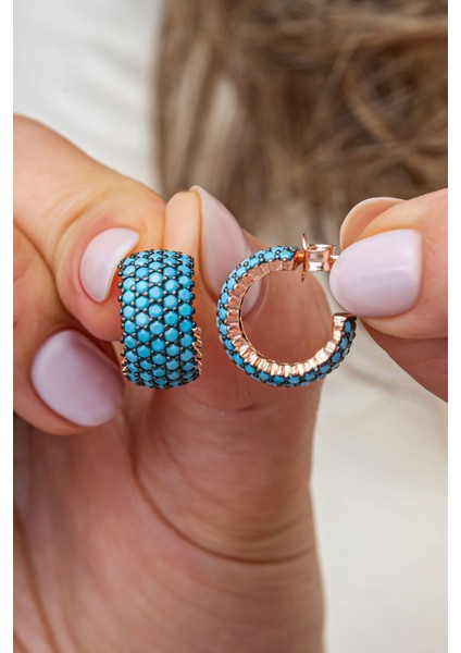 925 Ayar Gümüş Rose 5 Sıra Turkuaz Taşlı Yarım Tur Küpe