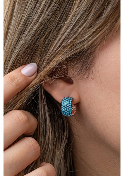 925 Ayar Gümüş Rose 5 Sıra Turkuaz Taşlı Yarım Tur Küpe modelleri