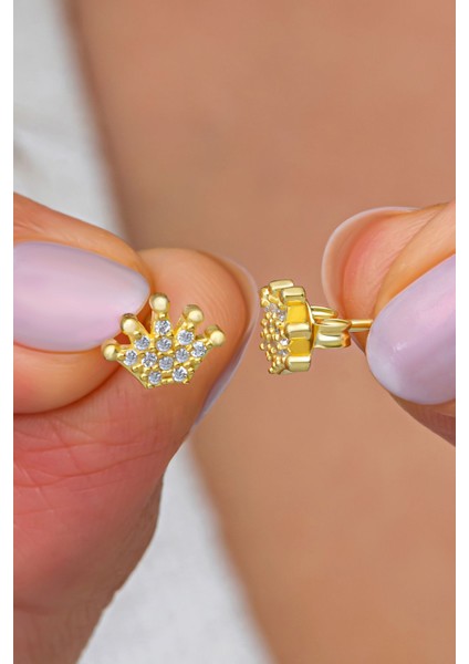 925 Ayar Gümüş Gold Kaplama Minimal Kral Tacı Küpe